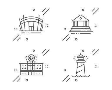 Hastane binası, Mahkeme binası ve Arena stadyum simgeleri ayarlayın. Deniz feneri tabelası. Vektör
