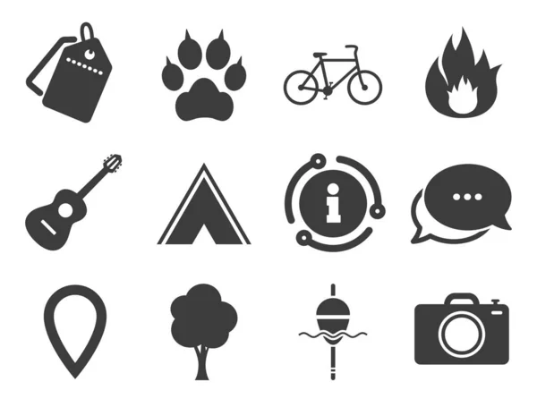 Turismo, iconos de camping. Pesca, fuego y bicicleta. Vector — Vector de stock