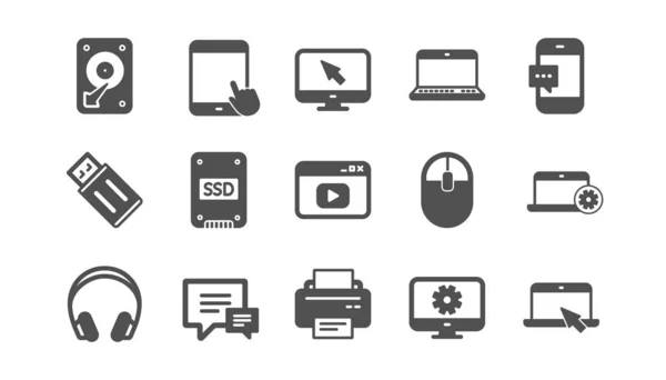 Apparaatpictogrammen. Laptop, SSD en hoofdtelefoon. Klassieke icon set. Vector — Stockvector