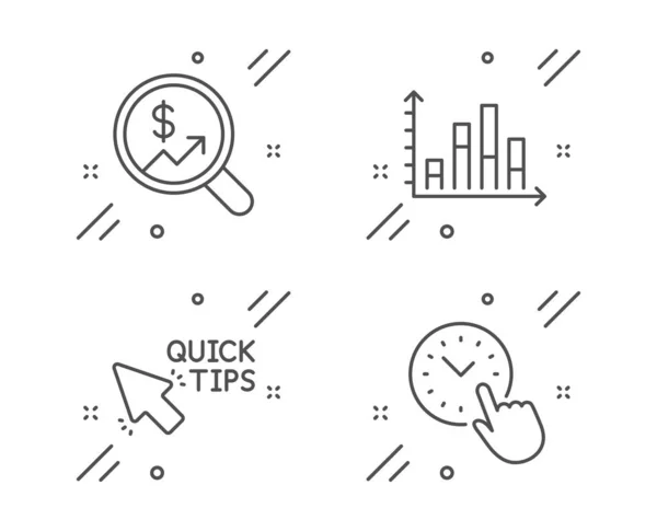 Auditoría de divisas, consejos rápidos e iconos de gráfico de diagrama establecidos. Signo de gestión del tiempo. Vector — Vector de stock