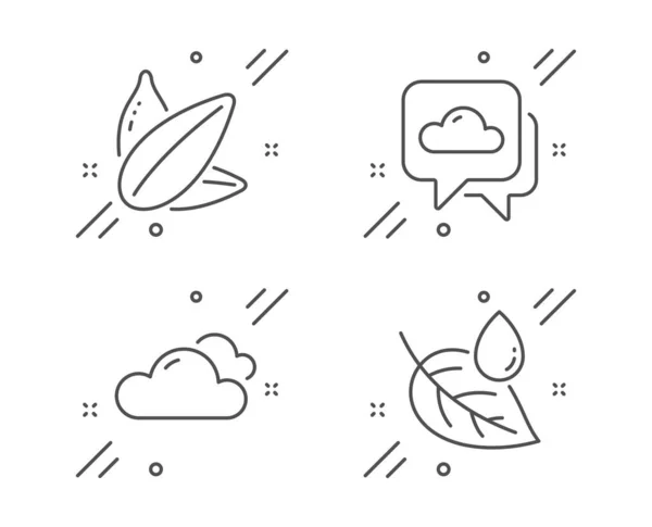 Weersvoorspelling, zonnebloemzaad en bewolkte weer icons set. Blad dauw teken. Vector — Stockvector