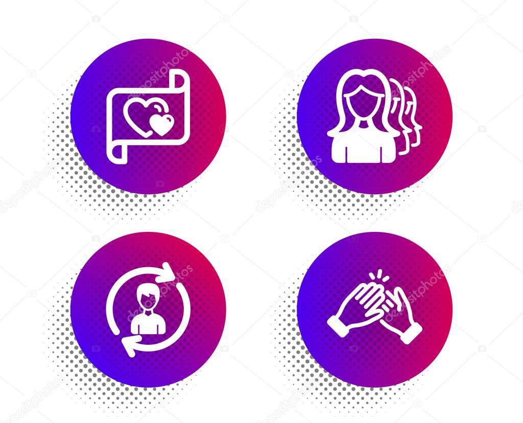 Human resources, Love letter and Women headhunting icons set. Clapping hands sign. Vector