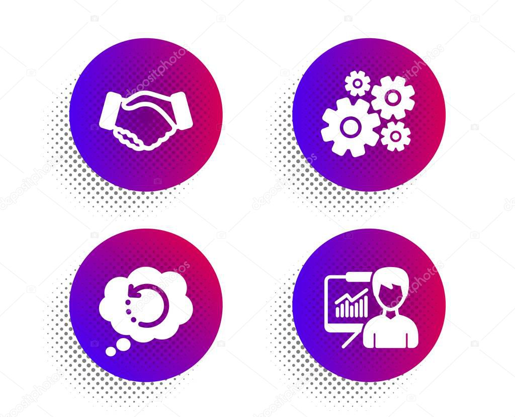 Handshake, Recovery data and Cogwheel icons set. Presentation sign. Deal hand, Backup info, Engineering tool. Vector