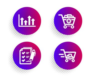 Ürünler, Üst oklar ve Anket denetim listesi simgeleri ayarlayın ekleyin. Alışveriş sepeti tabelası. Vektör