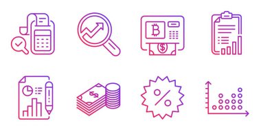 Tasarruf, Rapor belgesi ve Fatura muhasebe simgeleri ayarlandı. İndirim, Bitcoin ATM ve Analytics işaretleri. Vektör