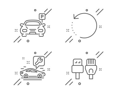 Araç servisi, Park ve Kurtarma veri simgeleri ayarlayın. Bilgisayar kabloları işareti. Onarım hizmeti, Otopark, Yedekleme bilgileri. Vektör