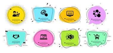 Müzik yapımı, Grafik grafiği ve Bütünlük simgeleri ayarlanır. Satış megafon, Seo dizüstü bilgisayar ve El sıkışma işaretleri. Vektör