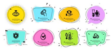 Kan bağışı, Termometre ve Tıbbi ilaç simgeleri ayarlayın. Vektör