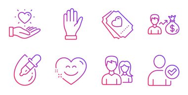 Couple, Hand and Eye drops icons set. Hold heart, Sallary and Smile chat signs. Vector clipart