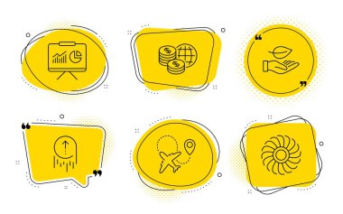 Yukarı kaydırın, Dünya para ve Yaprak simgeleri ayarlayın. Sunum, Uçak ve Fan motor işaretleri. Vektör