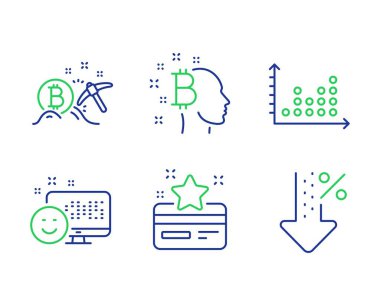Bitcoin düşünmek, Nokta arsa ve Smile simgeleri ayarlayın. Sadakat kartı, Bitcoin madenciliği ve düşük yüzde işaretleri. Vektör