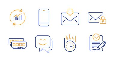 Hızlı teslimat, Smile yüz ve Güncelle veri simgeleri ayarlayın. Ram, Güvenli posta ve Gelen posta işaretleri. Vektör