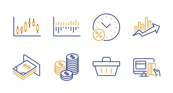 Atm money, Shopping basket and Coins icons set. Loan percent, Candlestick graph and Growth chart signs. Vector
