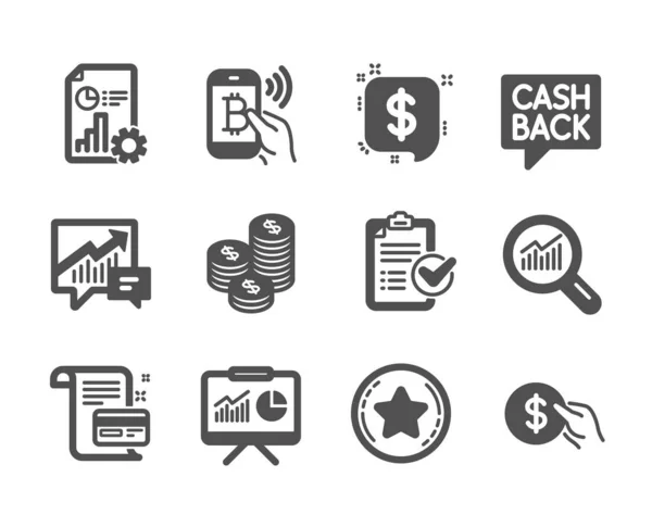 Eine Reihe von Finanzsymbolen, wie Datenanalyse, Umfrage-Checkliste, Geldtransfer. Vektor — Stockvektor