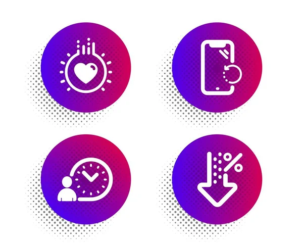 Time management, smartphone herstel en Love icons set. Laag procentteken. Werktijd, telefoon reparatie, hart. Vector — Stockvector