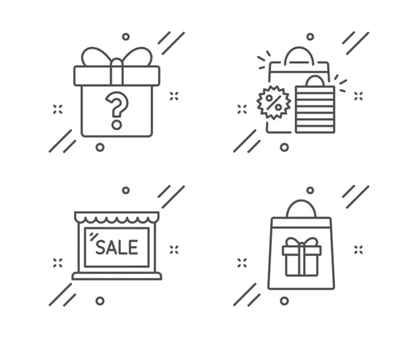 Prodej, nákupní tašky a tajné dárkové ikony nastaveny. Nákupní značka svátků. Vektorové — Stockový vektor