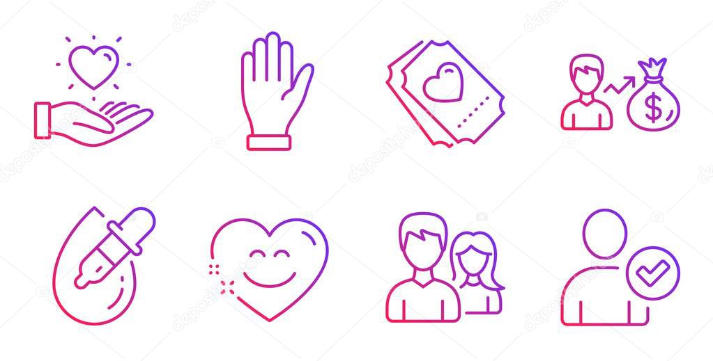 Couple, Hand and Eye drops icons set. Hold heart, Sallary and Smile chat signs. Vector