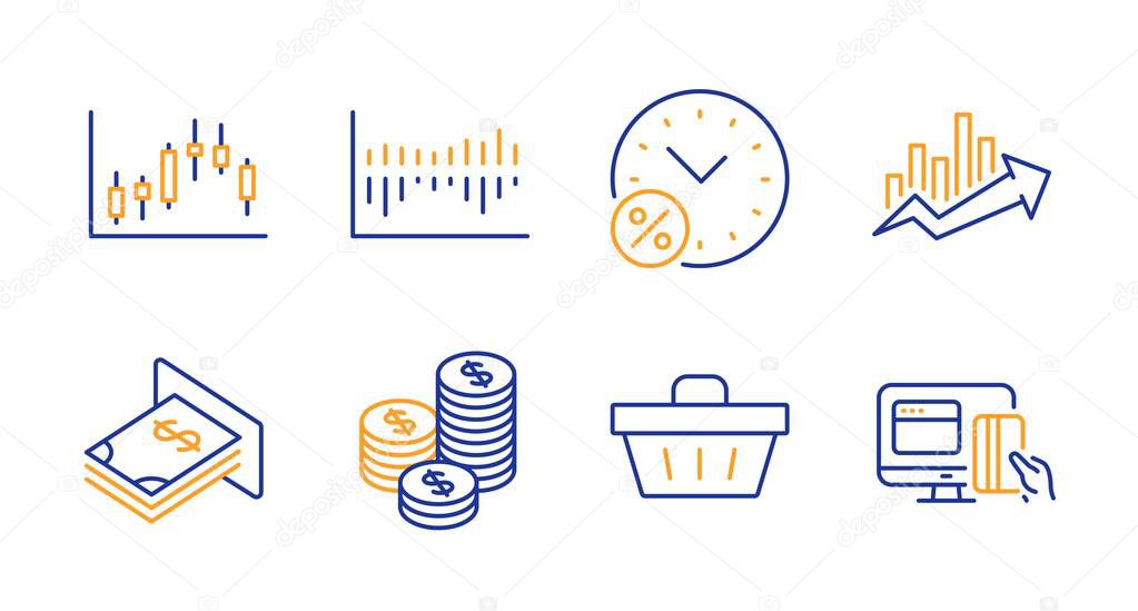 Atm money, Shopping basket and Coins icons set. Loan percent, Candlestick graph and Growth chart signs. Vector