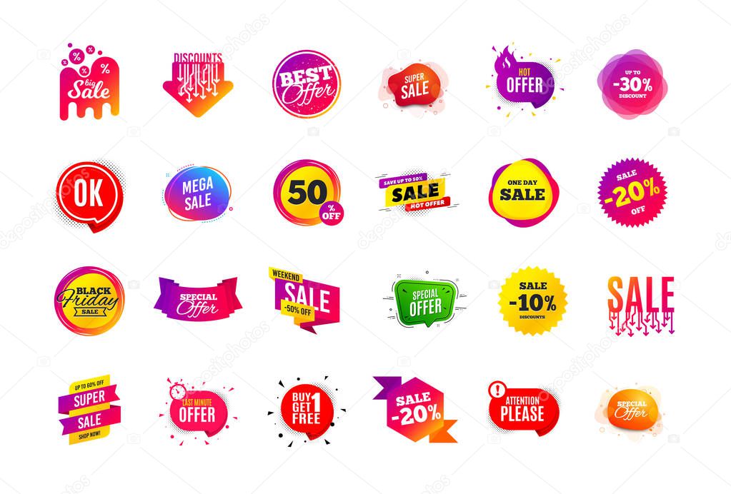 Sale banner badge. Special offer discount tags. Coupon shape templates. Best offer badge. Super discount icons. Vector