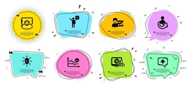 Tıbbi sohbet, Seo analizi ve Online alışveriş simgeleri ayarlayın. Paylaş, Başarı iş ve Artırılmış gerçeklik işaretleri. Vektör