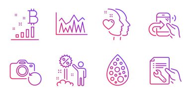 Yapay renkler, Bitcoin grafiği ve İndirim simgeleri ayarlanır. Kalp, Paylaş arama ve Yatırım işaretleri. Vektör