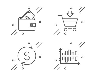 Cüzdan, Usd değişimi ve Online piyasa simgeleri ayarlayın. Diyagram grafik işareti. Usd nakit, Döviz kuru, Alışveriş sepeti. Vektör