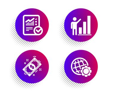 Ödeme, Grafik grafiği ve Kontrol edilmiş hesaplama simgeleri ayarlanır. Küre işareti. Finans, Büyüme raporu, İstatistiksel veriler. Vektör