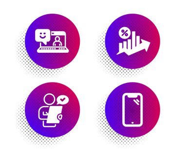 Müşteri anketi, Kredi yüzdesi ve Smile simgeleri ayarlanır. Akıllı telefon işareti. Sözleşme, Büyüme grafiği, Laptop geri bildirimi. Vektör