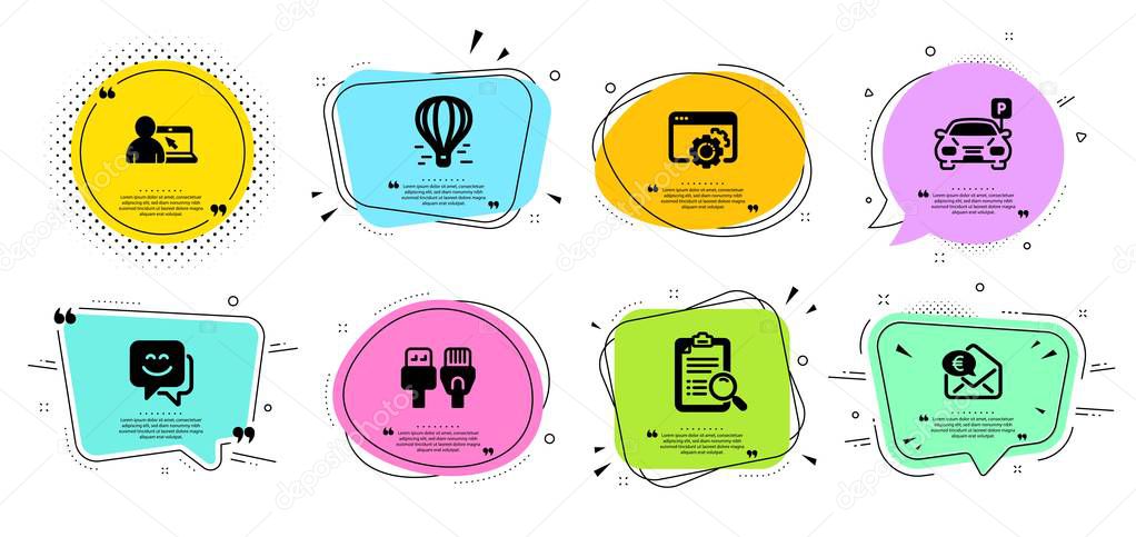 Computer cables, Euro money and Air balloon icons set. Online education, Smile face and Search analysis signs. Vector