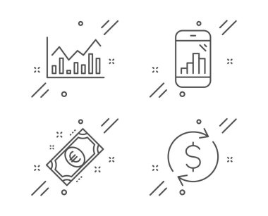 Euro para, Infochart ve Grafik telefon simgeleri ayarlayın. Dolar bozdurma işareti. Nakit, borsa, mobil istatistikler. Vektör