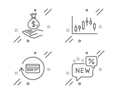 İade komisyonu, Candlestick grafik ve Gelir para simgeleri ayarlayın. Yeni bir işaret. Vektör