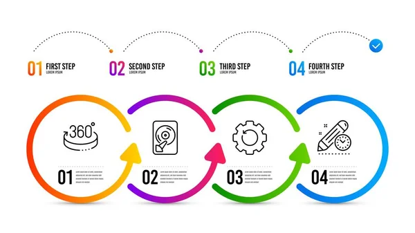 Восстановление оборудования, Hdd и 360 градусов значки набор. Знак крайнего срока проекта. Резервное копирование информации, диск памяти, полная ротация. Вектор — стоковый вектор