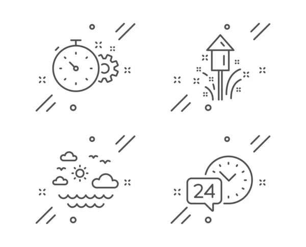 Vuurwerk, tandwiel timer en reizen zee icons set. 24-uurs service teken. Vector — Stockvector