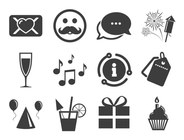 Celebración de fiestas, iconos de cumpleaños. Notas musicales. Vector — Vector de stock