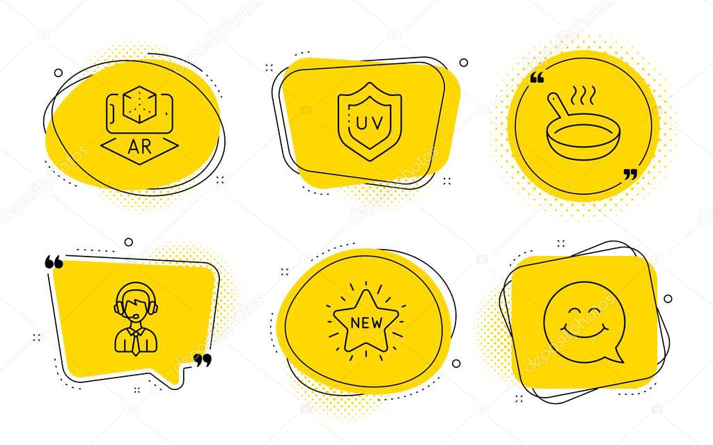 Shipping support, New star and Uv protection icons set. Frying pan, Augmented reality and Smile face signs. Vector