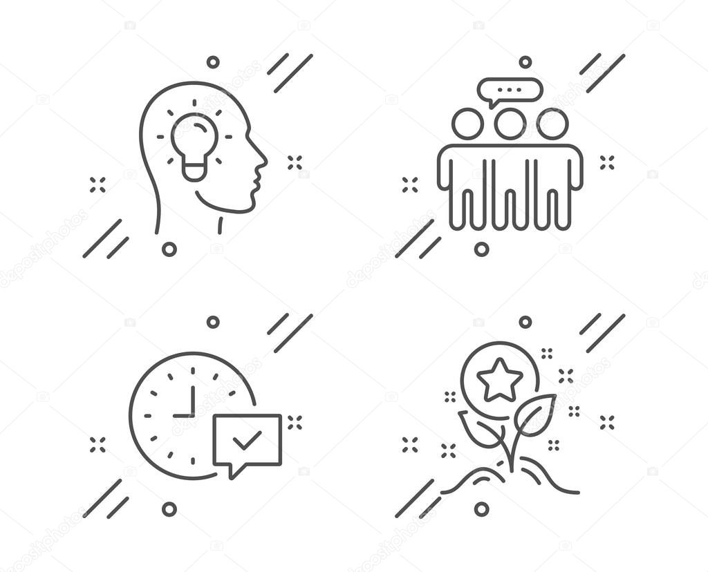 Employees group, Select alarm and Idea head icons set. Loyalty points sign. Vector