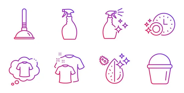 Eau sale, T-shirt propre et T-shirt icônes ensemble. Vaporisateur, nettoyant de lavage et minuterie pour lave-vaisselle. Vecteur — Image vectorielle