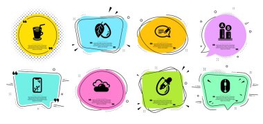 Mesaj, Kokteyl ve Bulutlu hava simgeleri ayarlayın. Ab testi, Smartphone kırık ve Mineral yağ işaretleri. Vektör