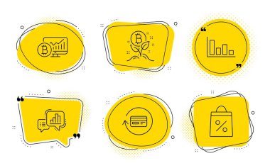 İade komisyonu, Bitcoin projesi ve Bitcoin grafik simgeleri ayarlandı. Grafik grafiği, Histogram ve Alışveriş çantası işaretleri. Vektör