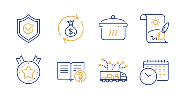 Aide, Bouclier approuvé et Classement des icônes étoiles ensemble. Échange d'argent, peinture créative et signes de casserole bouillante. Vecteur — Image vectorielle