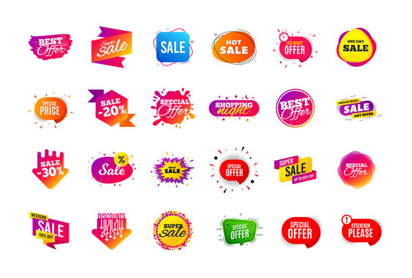 Sale banner badge. Special offer discount tags. Coupon shape templates. Best offer badge. Super discount icons. Vector