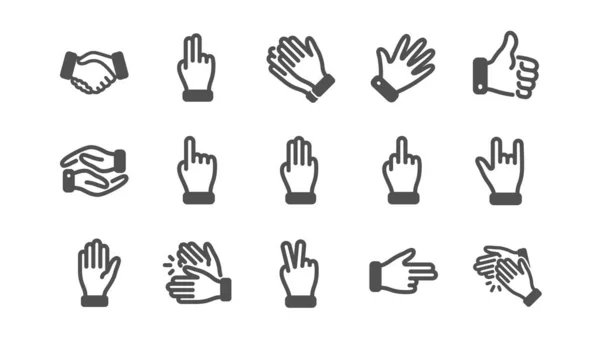 Hand gebaren pictogrammen. Handshake, klappen handen, overwinning. Klassieke set. Vector — Stockvector