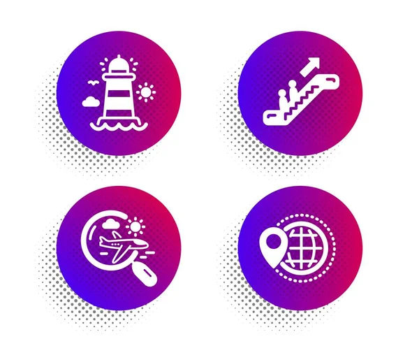Search flight, Lighthouse and Escalator icons set. World travel sign. Airplane trip, Beacon tower, Elevator. Vector — Stock Vector