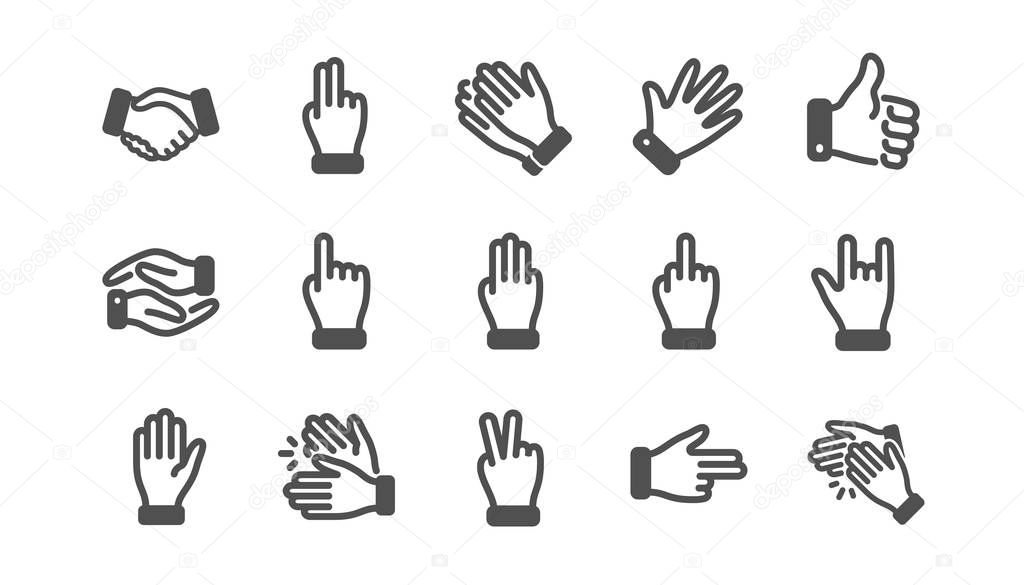Hand gestures icons. Handshake, Clapping hands, Victory. Classic set. Vector