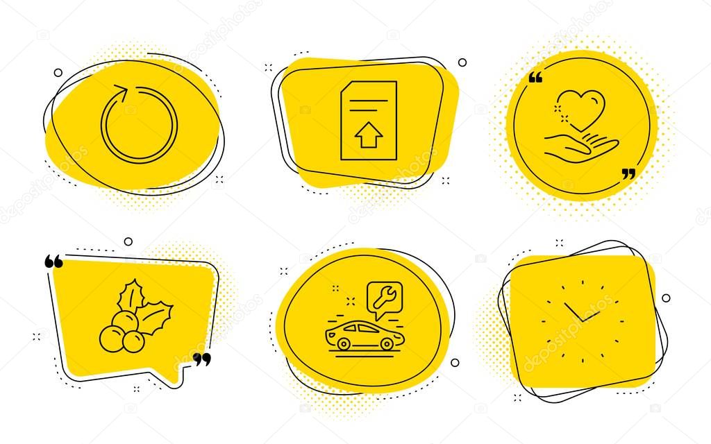 Upload file, Loop and Car service icons set. Christmas holly, Hold heart and Time signs. Vector