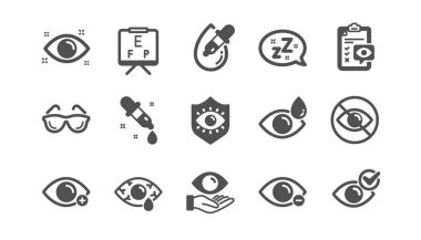 Optometri, göz doktoru simgeleri. Tıbbi lazer göz cerrahisi, gözlük ve gözlük. Klasik set. Vektör