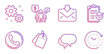 Anket kontrol listesi, İş ve Konuşma balonu simgeleri ayarlayın. Takım Çalışması, Satış etiketleri ve Gelen posta işaretleri. Vektör