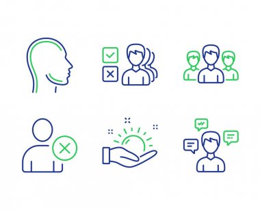 Güneşli hava, Kullanıcı ve Kafa simgeleri ayarlayın silin. Görüş, Grup ve Konuşma mesajları işaretleri. Vektör