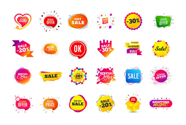 Sale banner badge. Special offer discount tags. Coupon shape templates. Best offer badge. Super discount icons. Vector