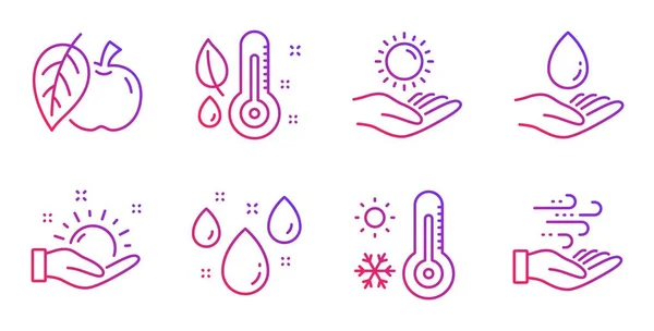 Cuidados com a água, clima chuvoso e ícones clima ensolarado definido. Proteção solar, Apple e sinais do termômetro. Vetor — Vetor de Stock